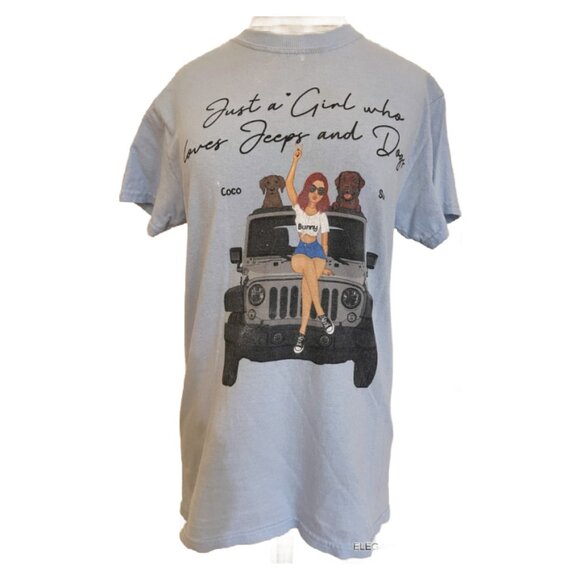 Gildan Womens Just a Girl Loves Jeeps and Dogs Blue T-Shirt S Crew Cotton Tee - Picture 2 of 10